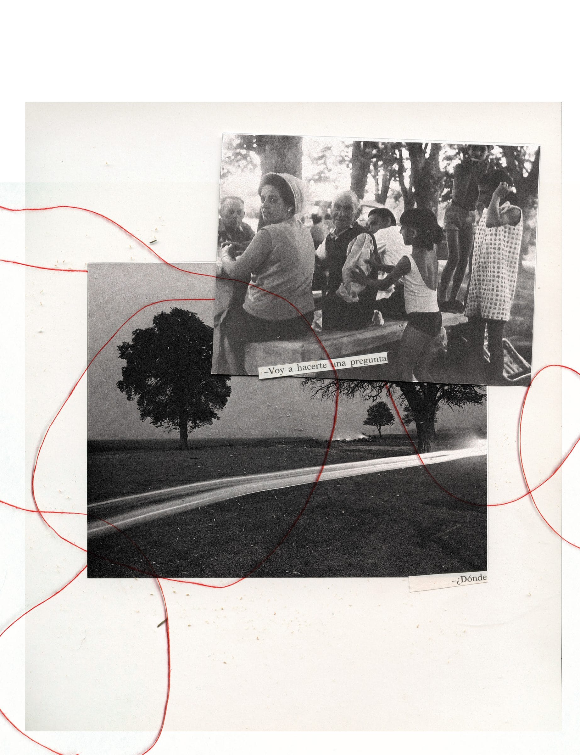 Collage con una fotografía antigua de un grupo de personas, una mancha negra circular superpuesta y un hilo rojo enredado alrededor.