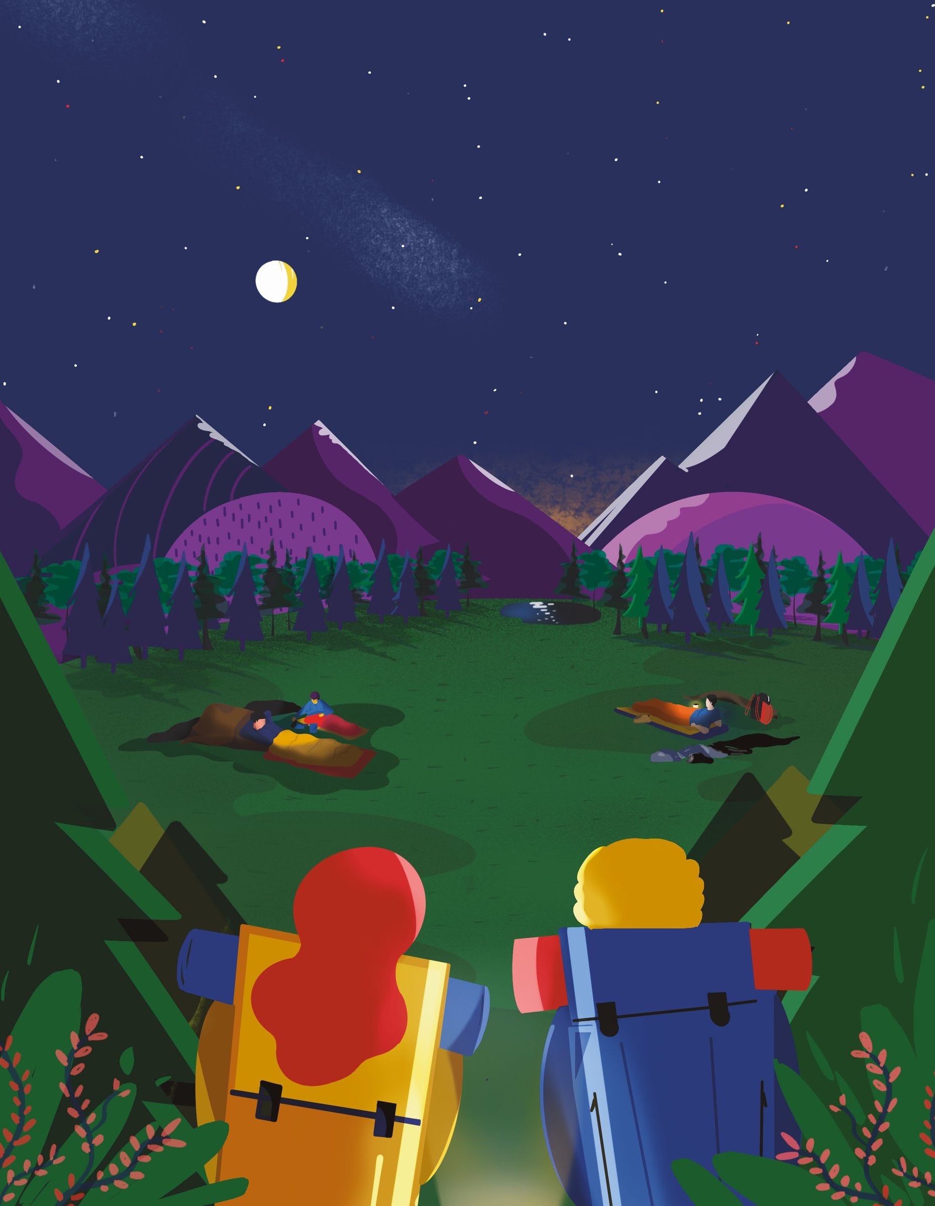 Ilustración nocturna de dos excursionistas con mochila contemplando un valle bajo un cielo estrellado, con tiendas iluminadas y montañas al fondo.
