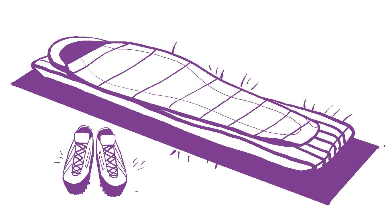 Ilustración a línea de un saco de dormir extendido sobre una esterilla, con unas zapatillas al lado.