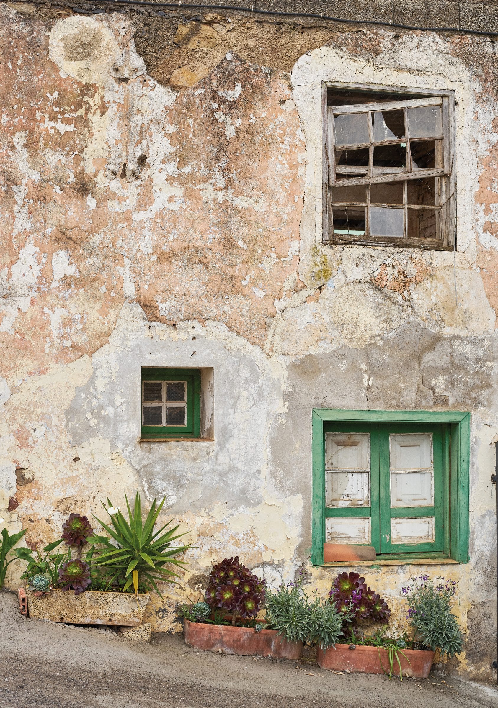 Fachada de una casa de piedra encalada con la pintura descascarillada, una ventana de madera rota en el piso alto y otra pintada de verde abajo, con macetas de bejeques y pitas al pie del muro.