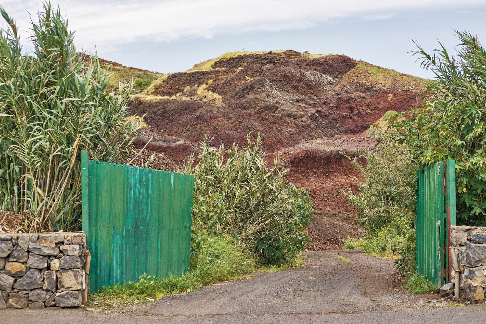 Una cancela de chapa verde abierta al pie de una ladera de tierra roja erosionada, entre cañaverales.