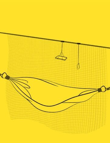 Ilustración de una hamaca colgada entre dos puntos, con una mosquitera por encima y una lámpara colgando de la cuerda superior.