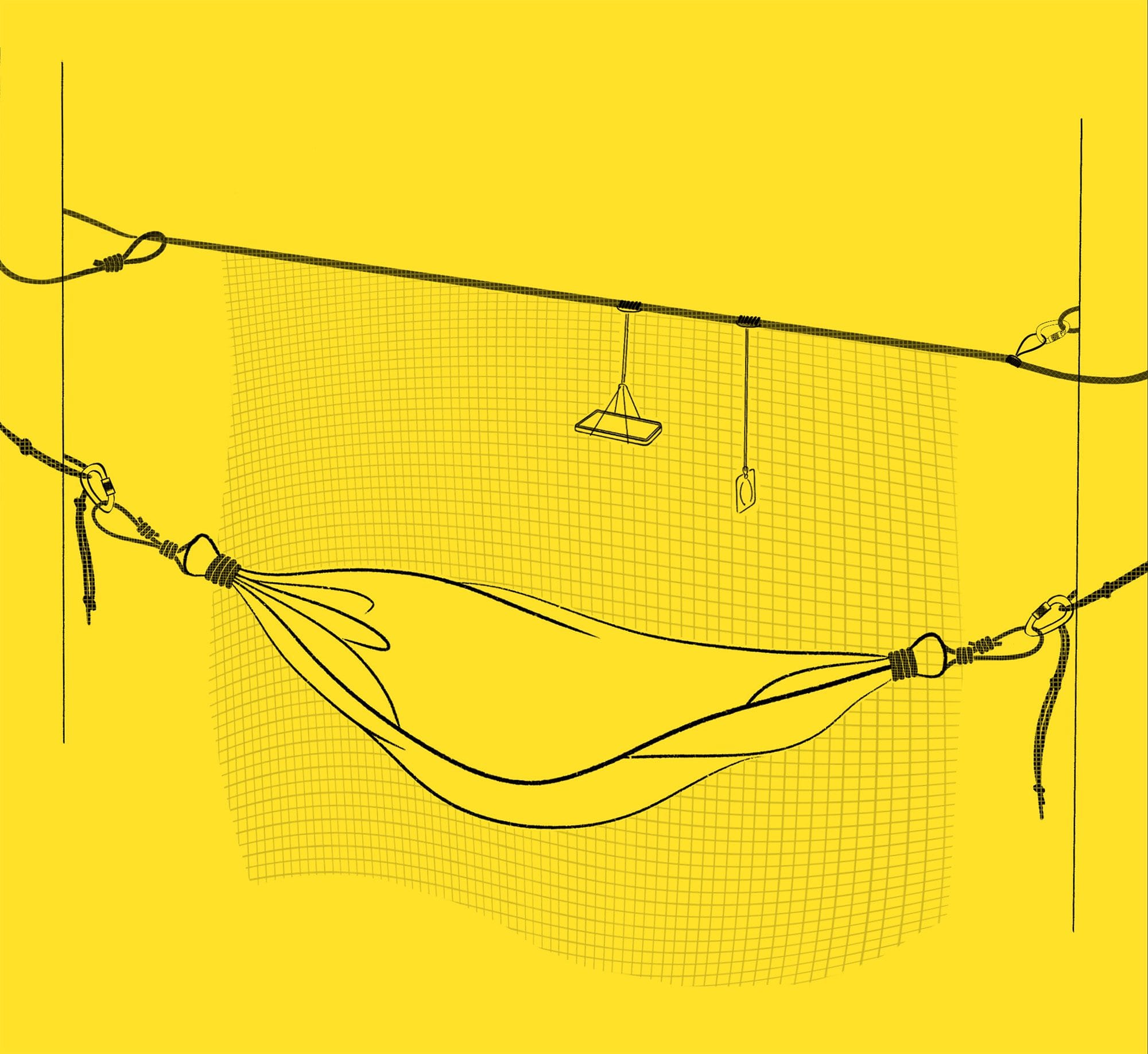Ilustración de una hamaca colgada entre dos puntos, con una mosquitera por encima y una lámpara colgando de la cuerda superior.