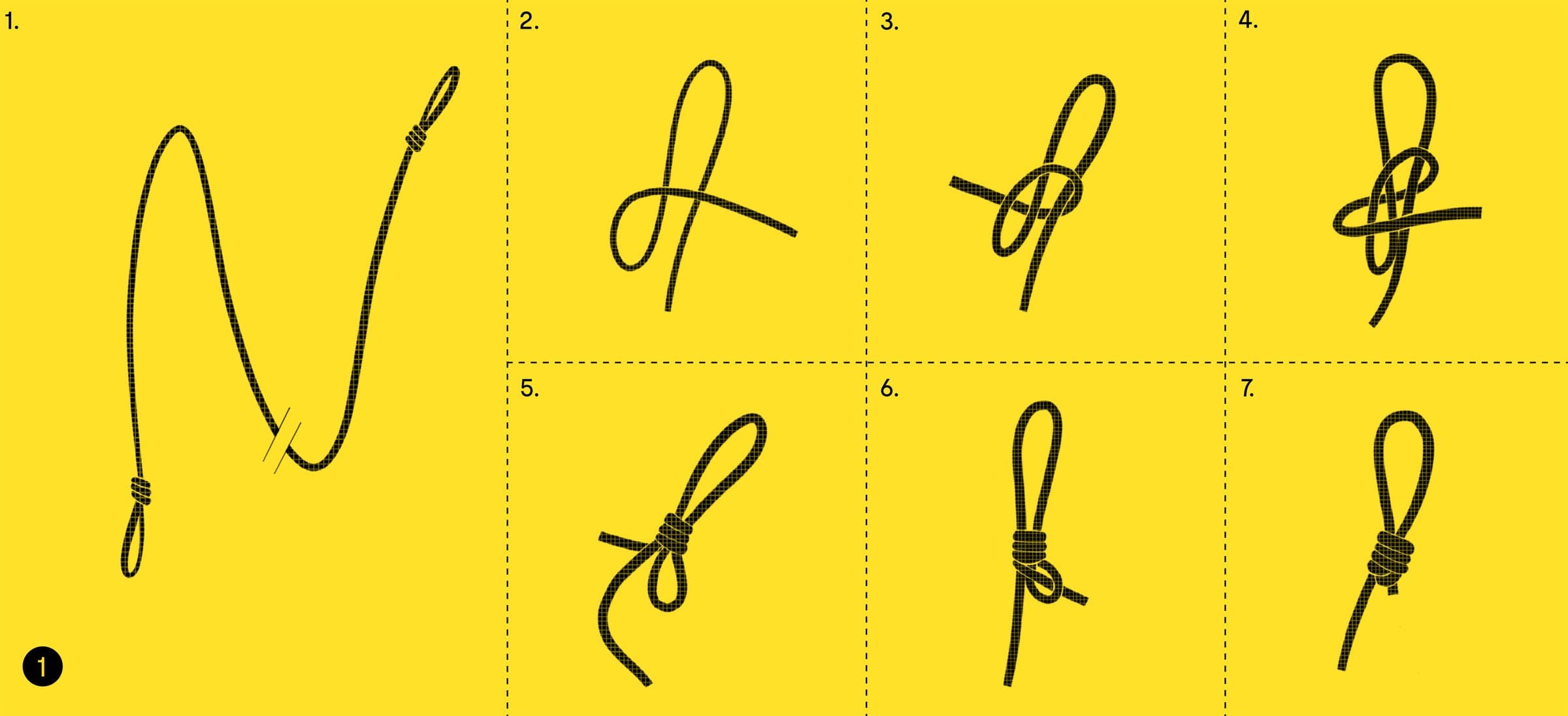 Ocho viñetas numeradas con los pasos para hacer un nudo Prusik.