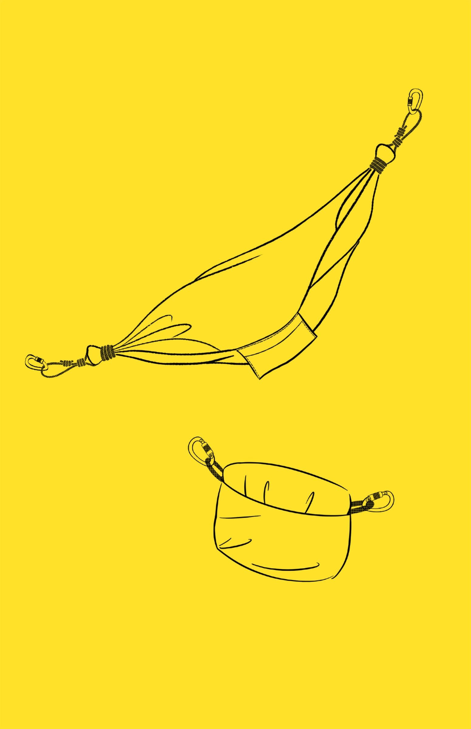Ilustración de la hamaca recogida dentro de su bolsillo de almacenamiento.