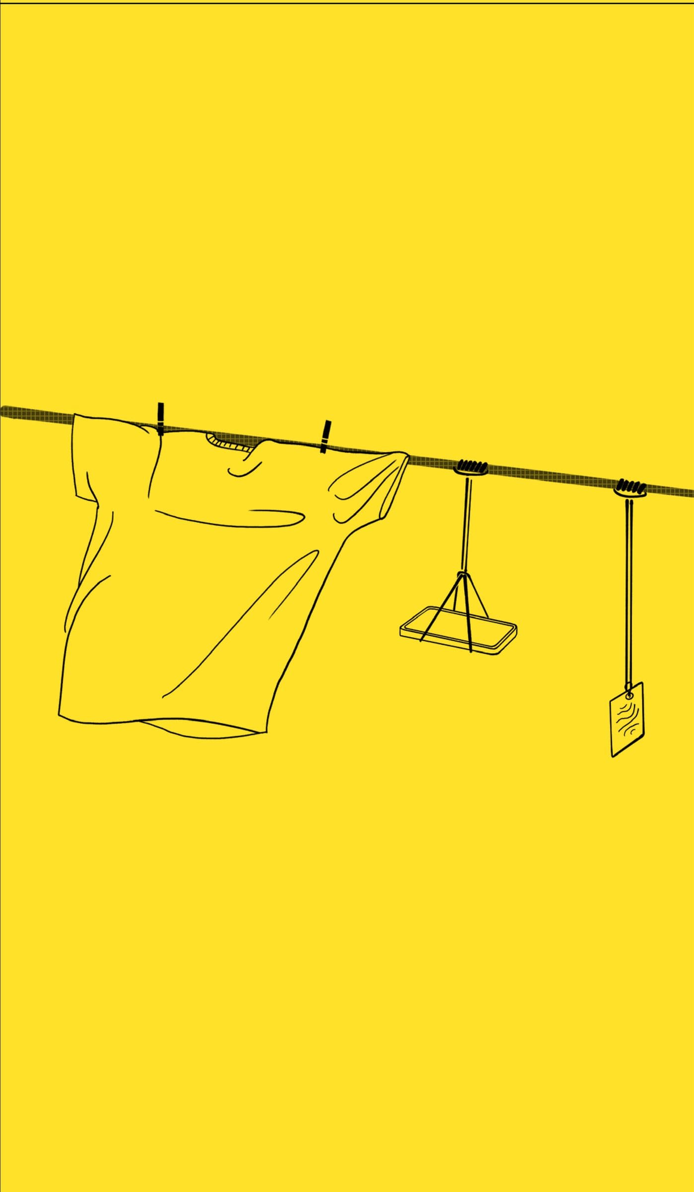 Ilustración de la multicuerda con ropa y enseres colgados de ella.