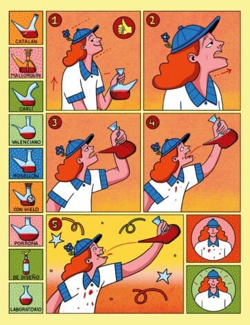 Ilustración de estilo cómic dividida en viñetas sobre fondos de colores vivos, en las que una persona bebe a chorro de un porrón en distintas posturas.
