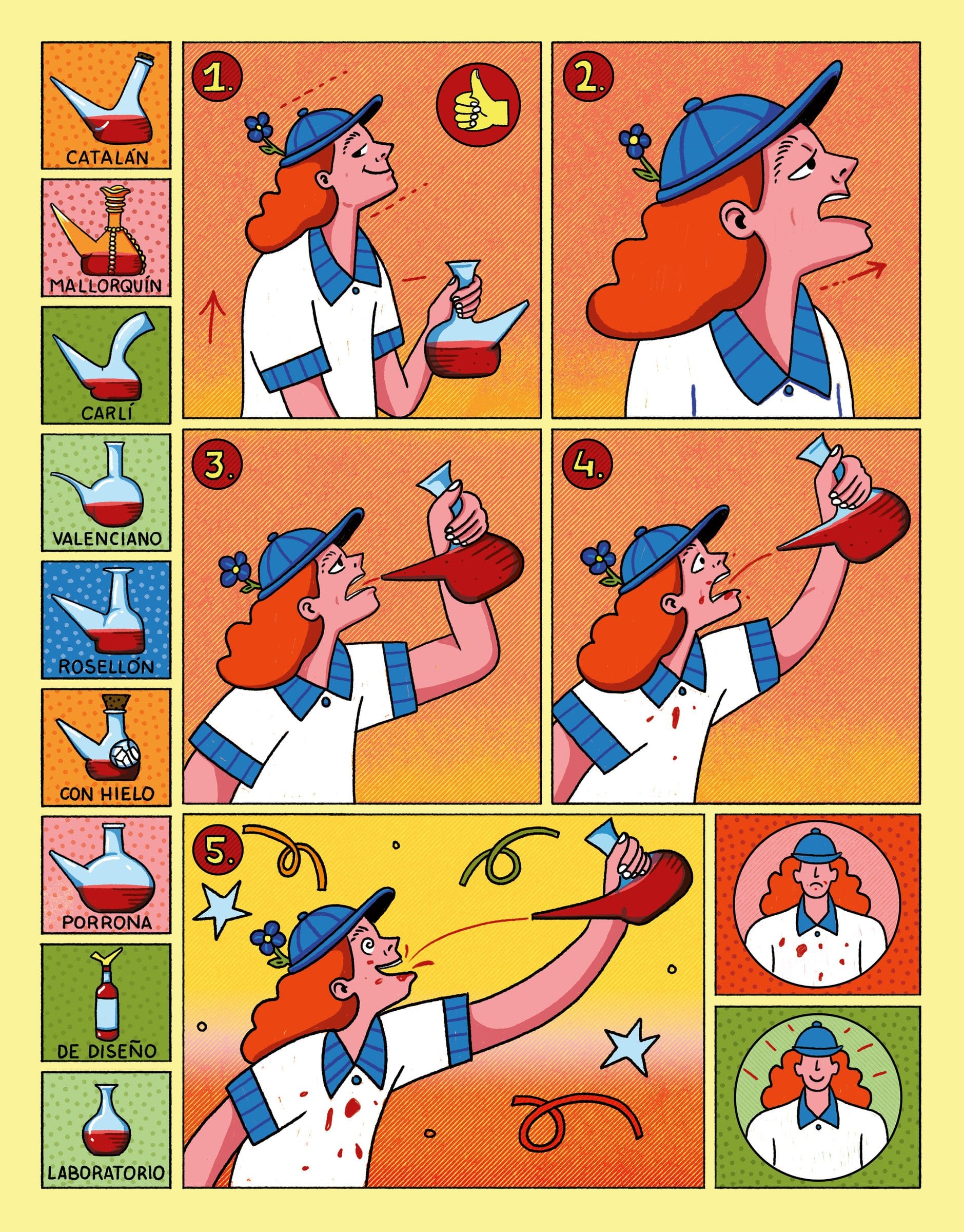 Ilustración de estilo cómic dividida en viñetas sobre fondos de colores vivos, en las que una persona bebe a chorro de un porrón en distintas posturas.