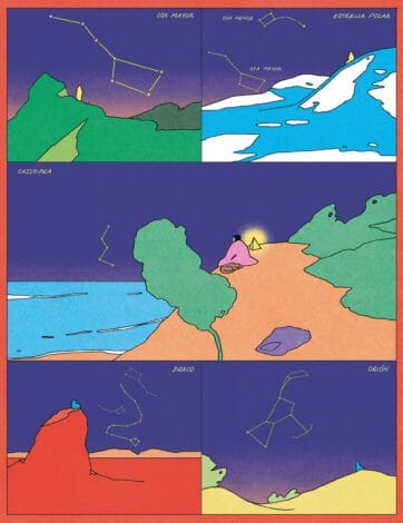 Ilustración dividida en cinco viñetas de paisajes nocturnos —montaña, mar, bosque, acantilado y desierto— con las líneas de distintas constelaciones trazadas sobre el cielo estrellado.