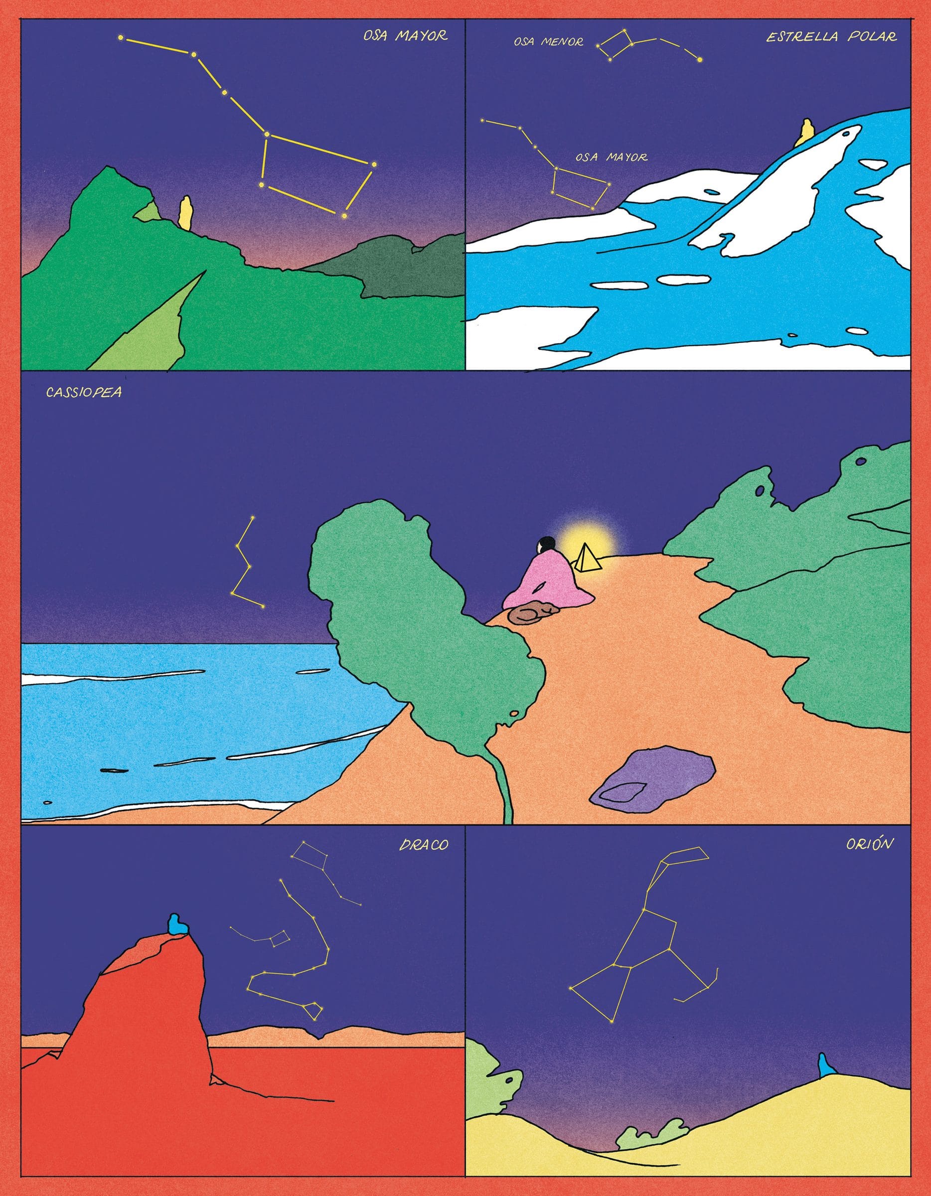 Ilustración dividida en cinco viñetas de paisajes nocturnos —montaña, mar, bosque, acantilado y desierto— con las líneas de distintas constelaciones trazadas sobre el cielo estrellado.