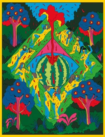 Ilustración de colores saturados de un grupo de personas tumbadas en círculo sobre la hierba, entre árboles, flores y frutas, en una escena de picnic.