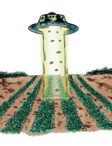 Ilustración de un ovni con forma de platillo volante proyectando un haz de luz verdoso sobre un campo de cultivo arado.