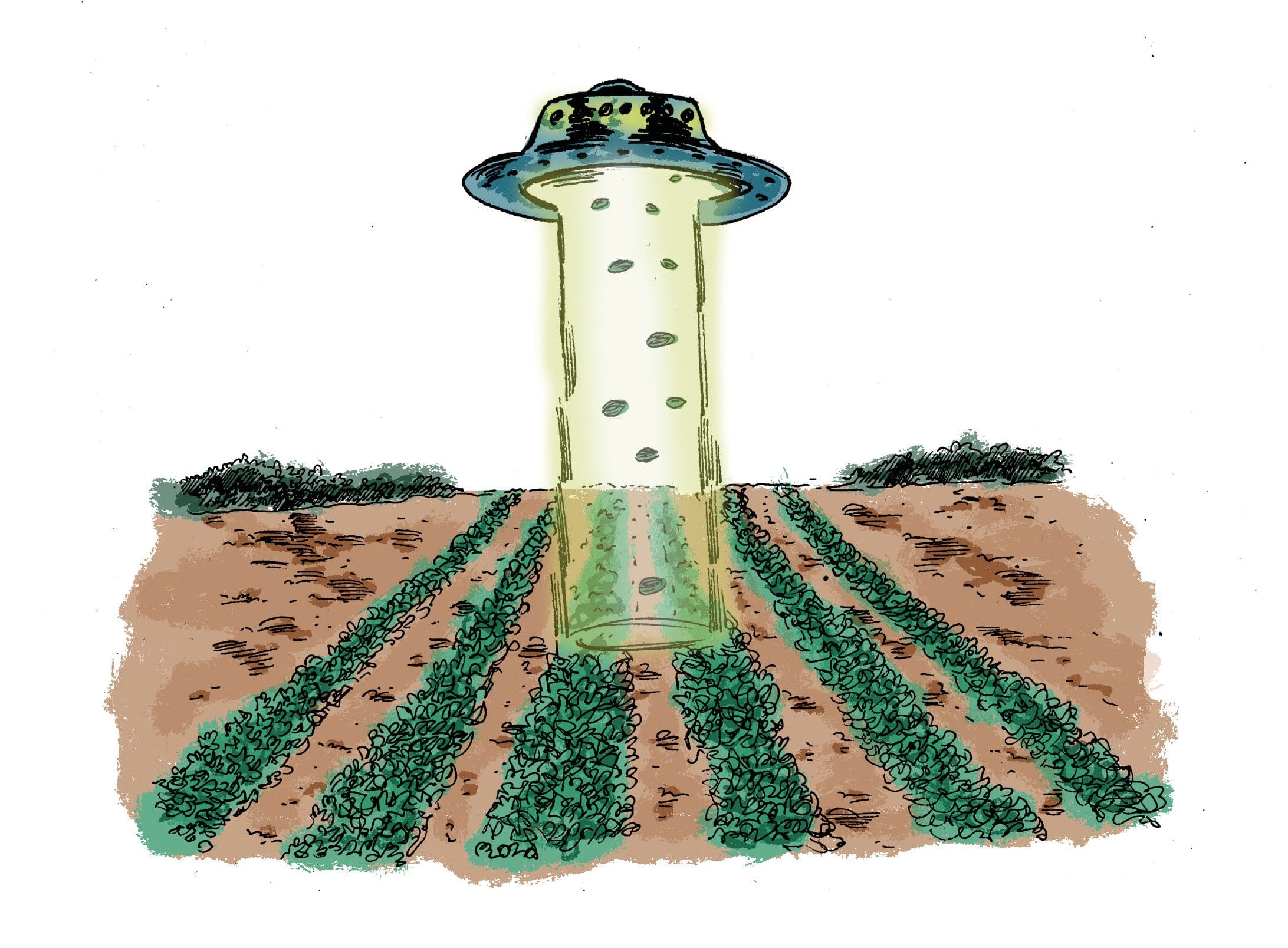 Ilustración de un ovni con forma de platillo volante proyectando un haz de luz verdoso sobre un campo de cultivo arado.