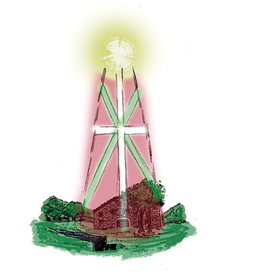 Ilustración de un haz de luz rosado que desciende del cielo sobre una casa de campo, con una gran cruz blanca recortada dentro del haz.