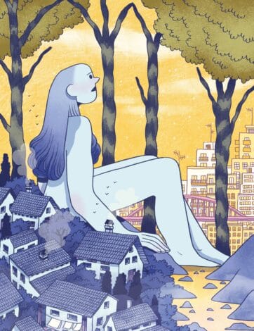 Ilustración nocturna de una persona sentada sobre unas rocas junto a un río, con árboles y el resplandor de una ciudad al fondo.